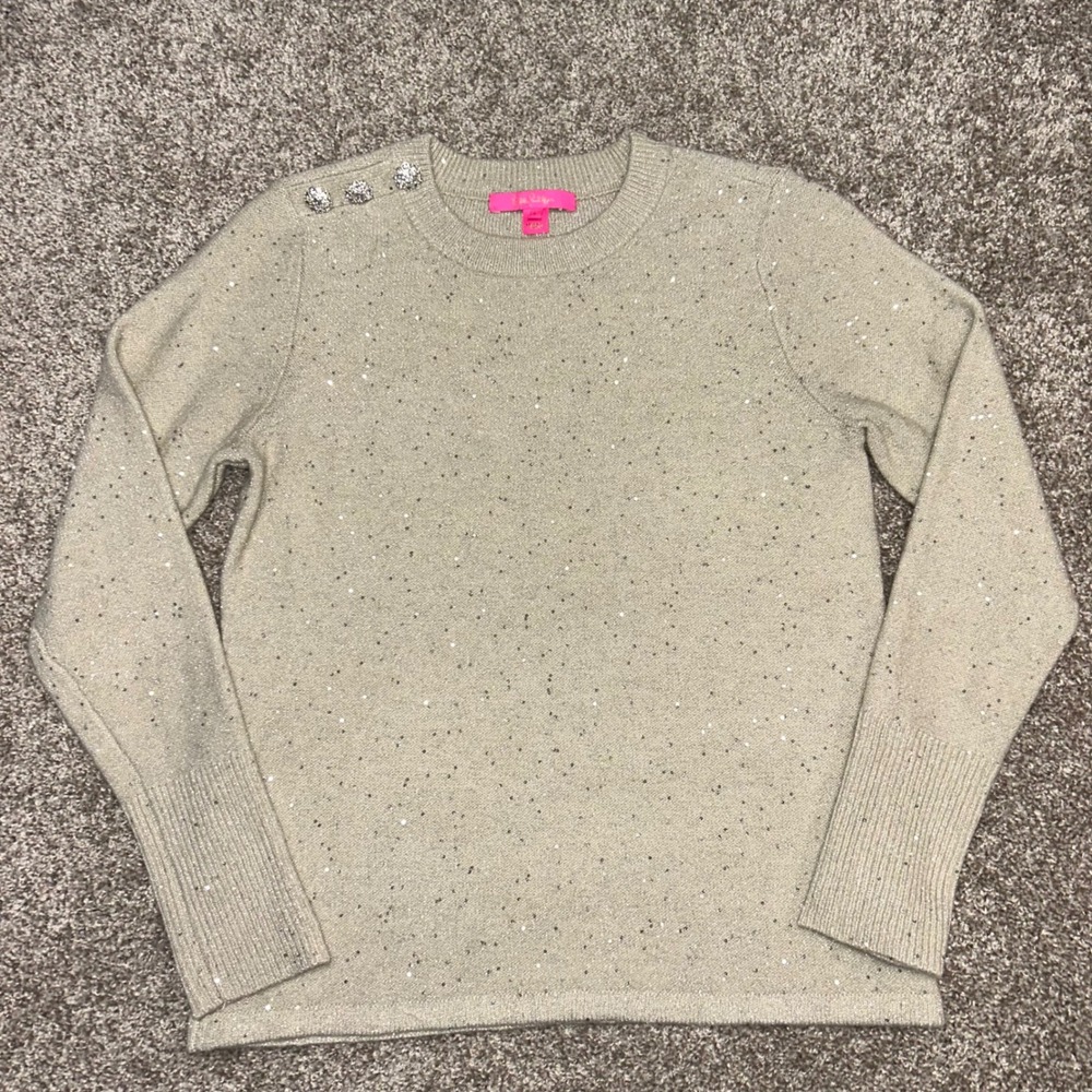 Lilly Pulitzer Morgen Sequin Sweater Large Coconut Metallic Jeweled Shoulder